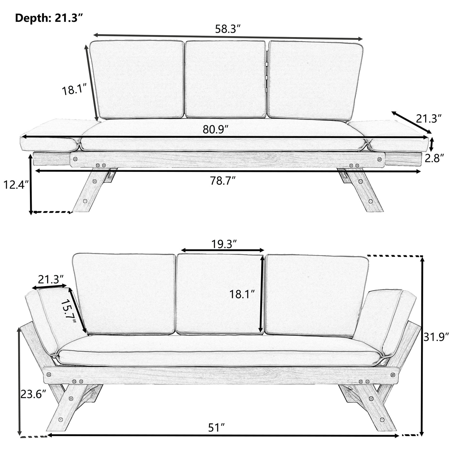 Acacia Wood Expandable Patio Daybed