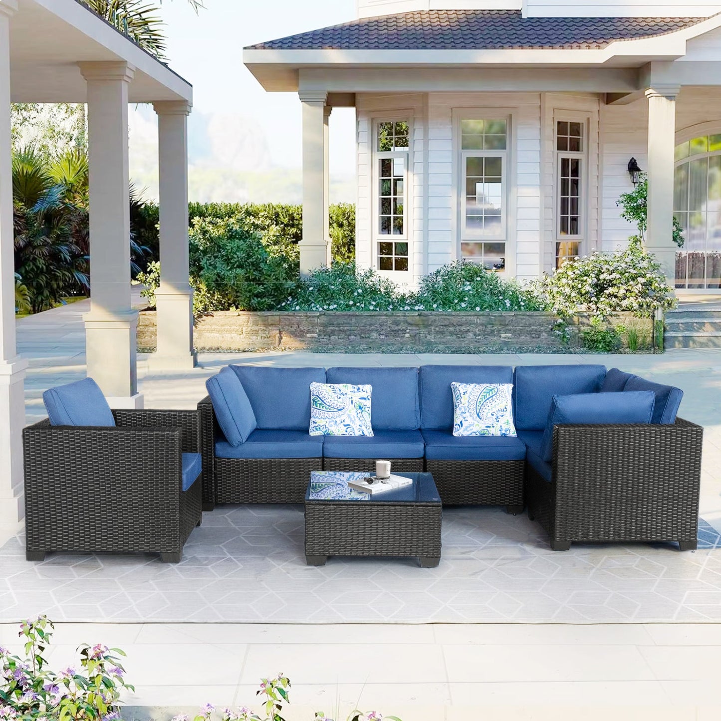 Black and Blue PE Rattan Patio Furniture Set