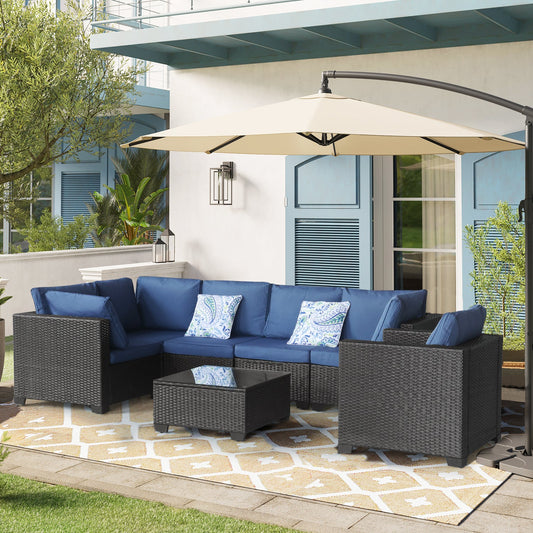 Black and Blue PE Rattan Patio Furniture Set