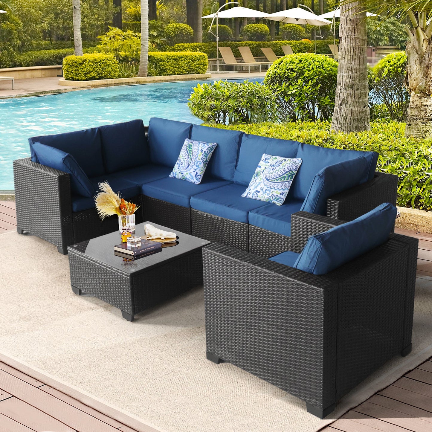 Black and Blue PE Rattan Patio Furniture Set