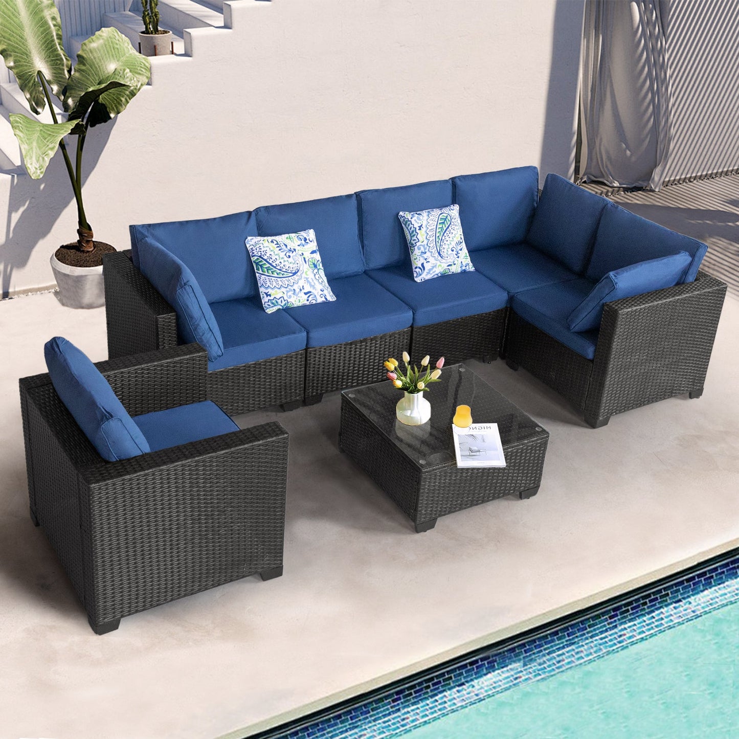 Black and Blue PE Rattan Patio Furniture Set