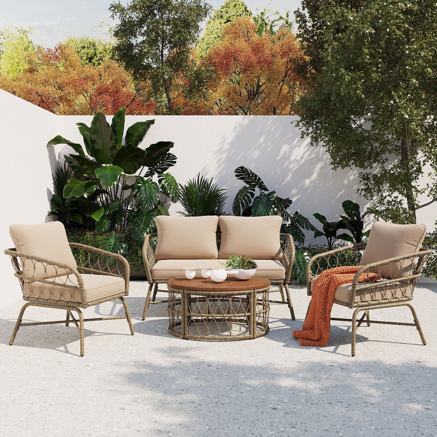 Boho Wicker Outdoor Lounge Set for 4