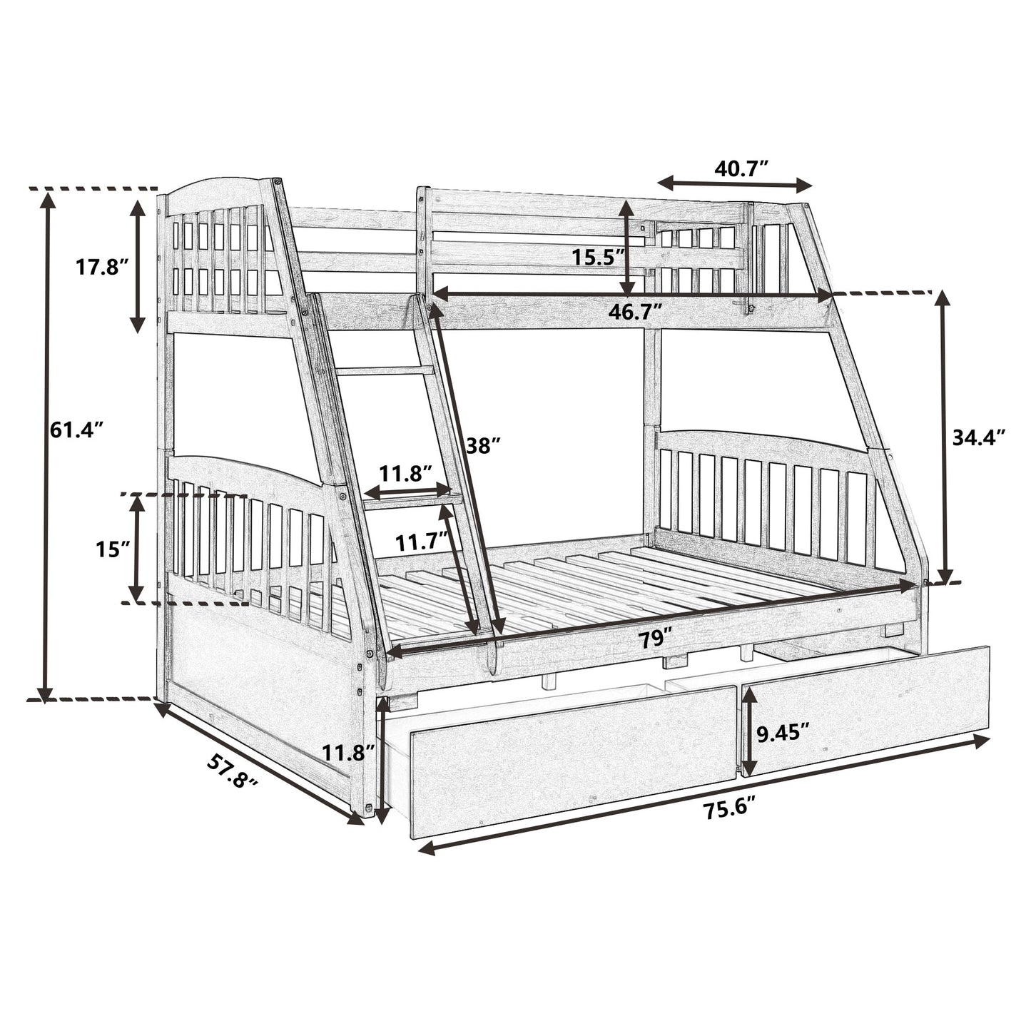 Solid Wood White Twin Over Full Bunk Bed